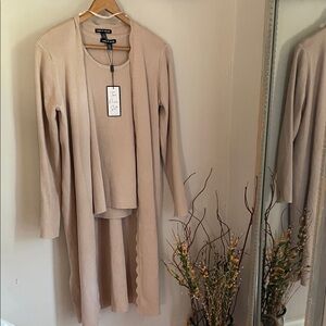 Cable & Gauge Beige Ribbed Long Cardigan & Tank Set